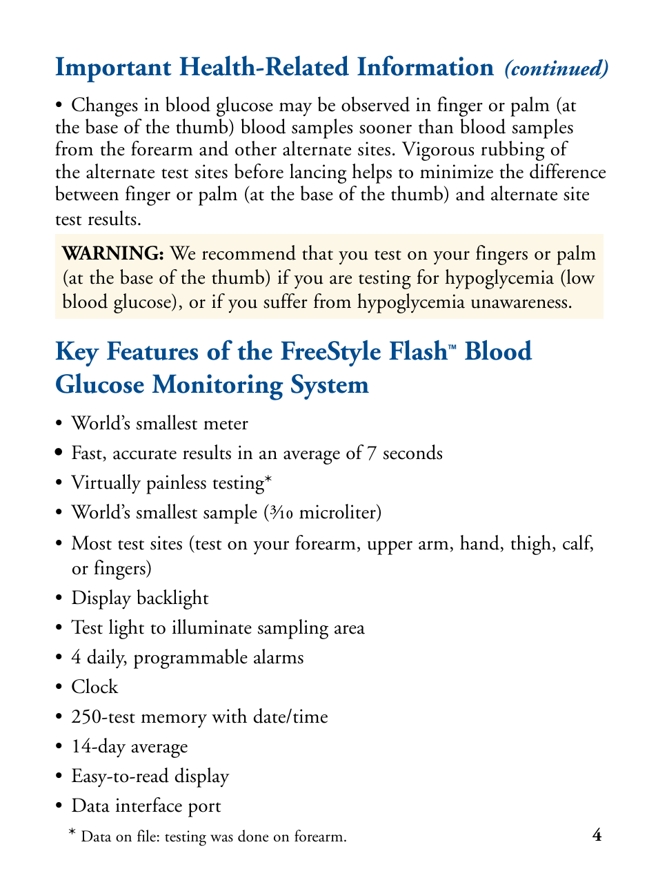 Important health-related information, Key features of the freestyle flash, Blood glucose monitoring system | Abbott Diabetes Care FreeStyle Flash Blood Glucose Monitor User Manual | Page 7 / 69