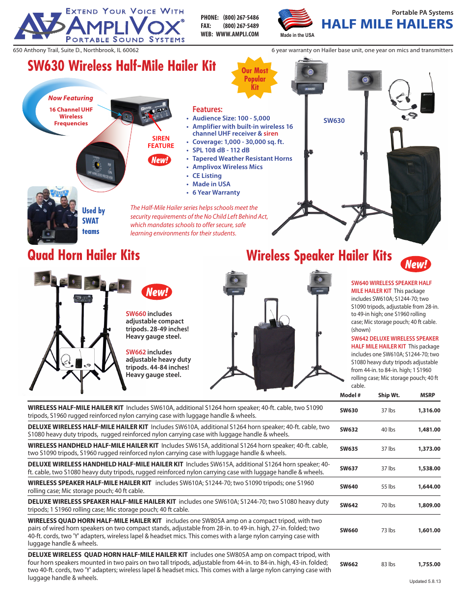 Half mile hailers, Wireless speaker hailer kits, Quad horn hailer kits | Sw630 wireless half-mile hailer kit | AmpliVox Half-Mile Hailers SW615A User Manual | Page 2 / 2