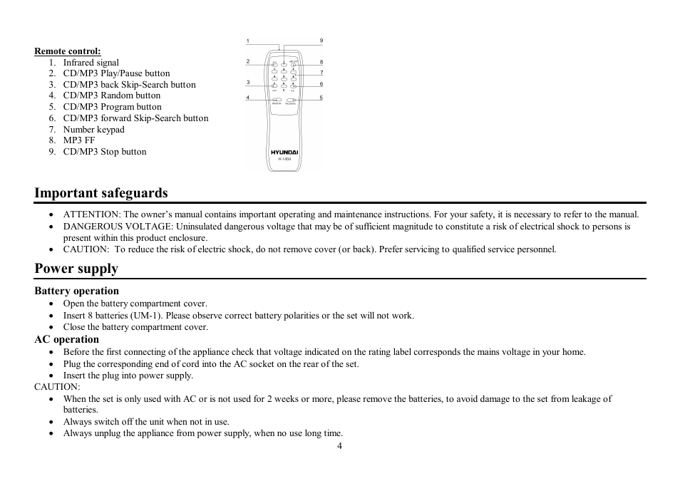 Important safeguards, Power supply | Hyundai H-1404 User Manual | Page 4 / 20
