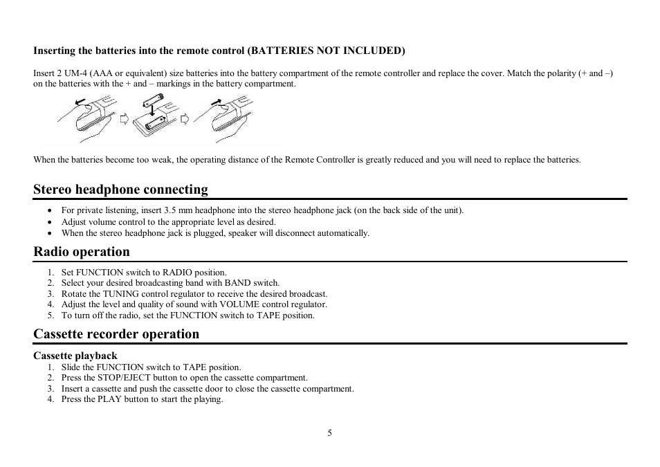 Stereo headphone connecting, Radio operation, Cassette recorder operation | Hyundai H-1404 User Manual | Page 5 / 20