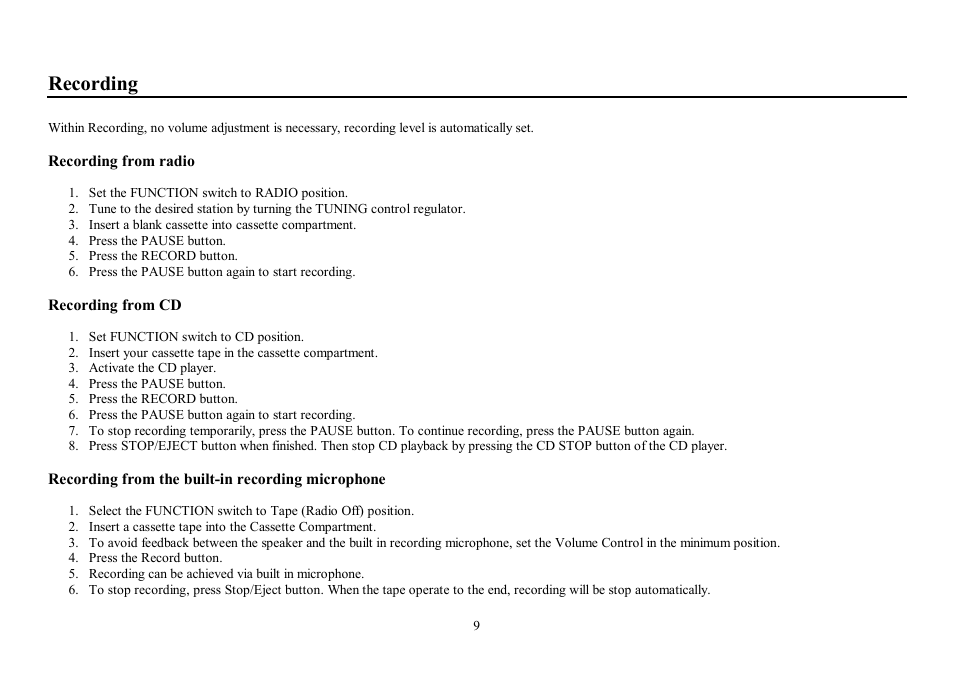 Recording | Hyundai H-1404 User Manual | Page 9 / 20