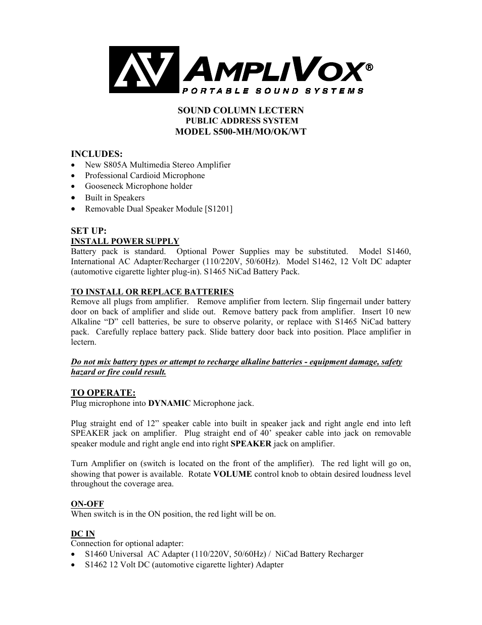 AmpliVox S500-WT User Manual | 2 pages