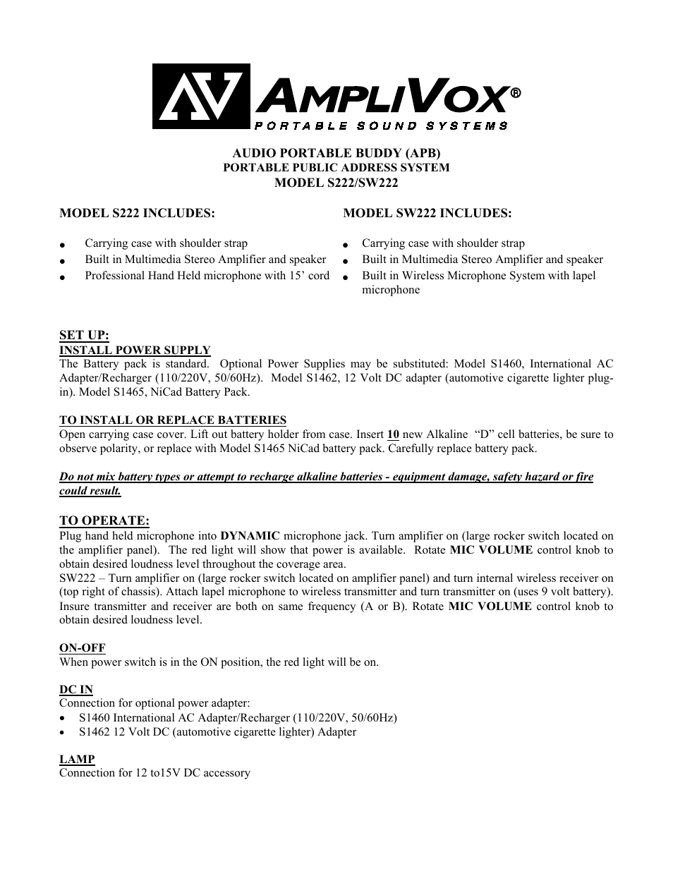 AmpliVox SW222 User Manual | 2 pages