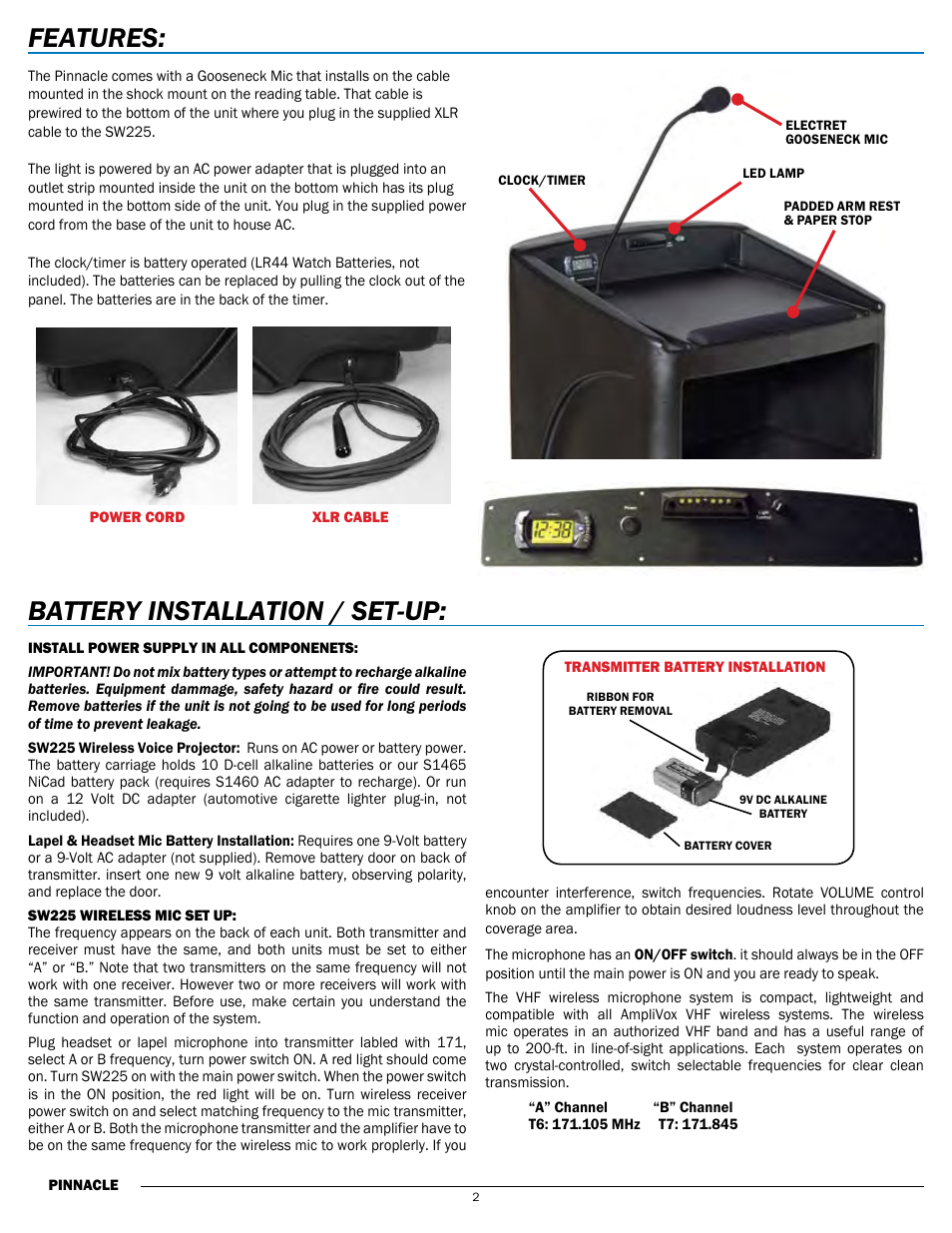 Battery installation / set-up: features | AmpliVox ST3240 User Manual | Page 2 / 4