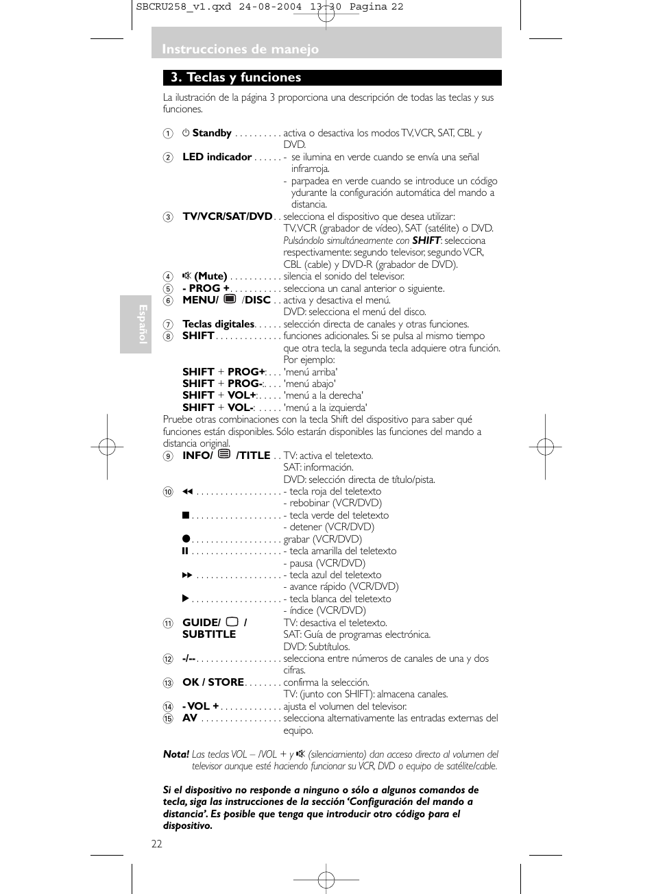 Instrucciones de manejo, Teclas y funciones | Philips Universal-Fernbedienung User Manual | Page 22 / 60