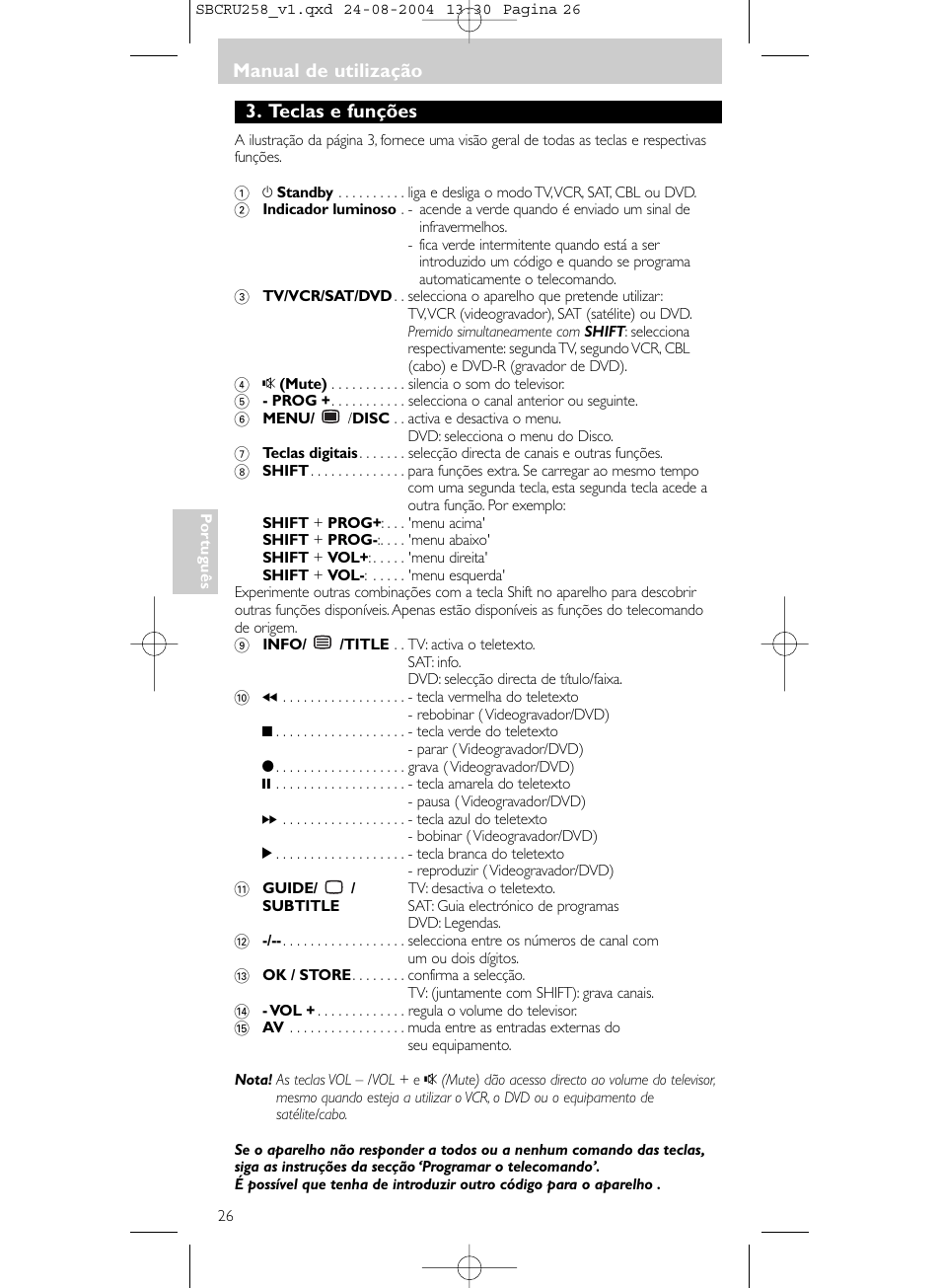 Manual de utilização, Teclas e funções | Philips Universal-Fernbedienung User Manual | Page 26 / 60