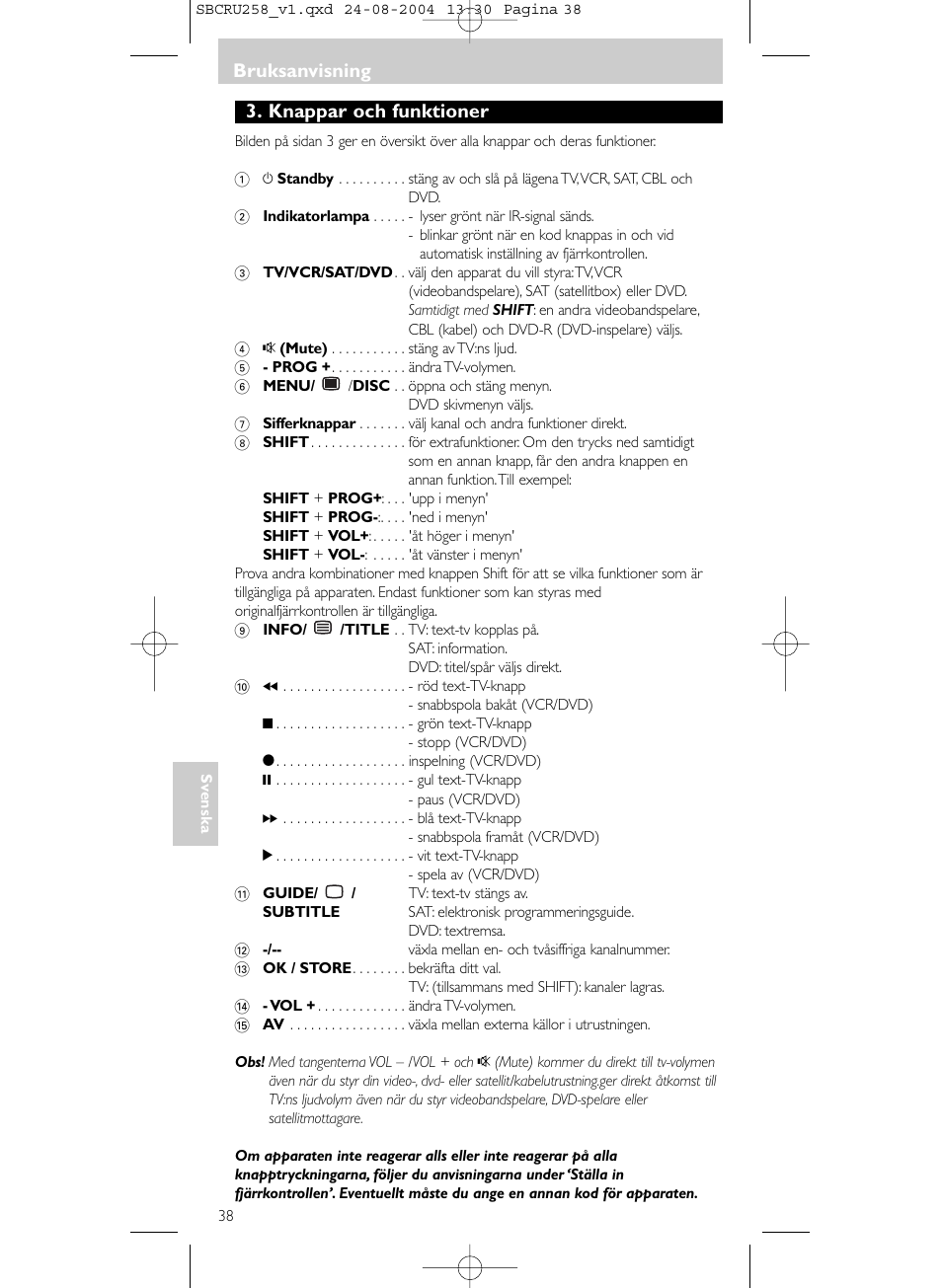 Bruksanvisning, Knappar och funktioner | Philips Universal-Fernbedienung User Manual | Page 38 / 60