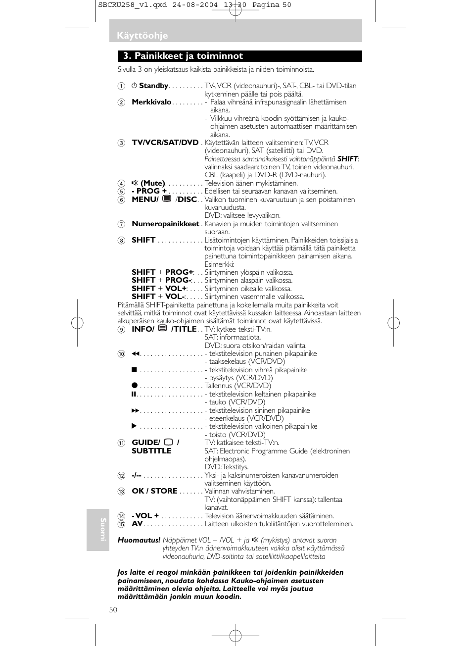 Käyttöohje, Painikkeet ja toiminnot | Philips Universal-Fernbedienung User Manual | Page 50 / 60