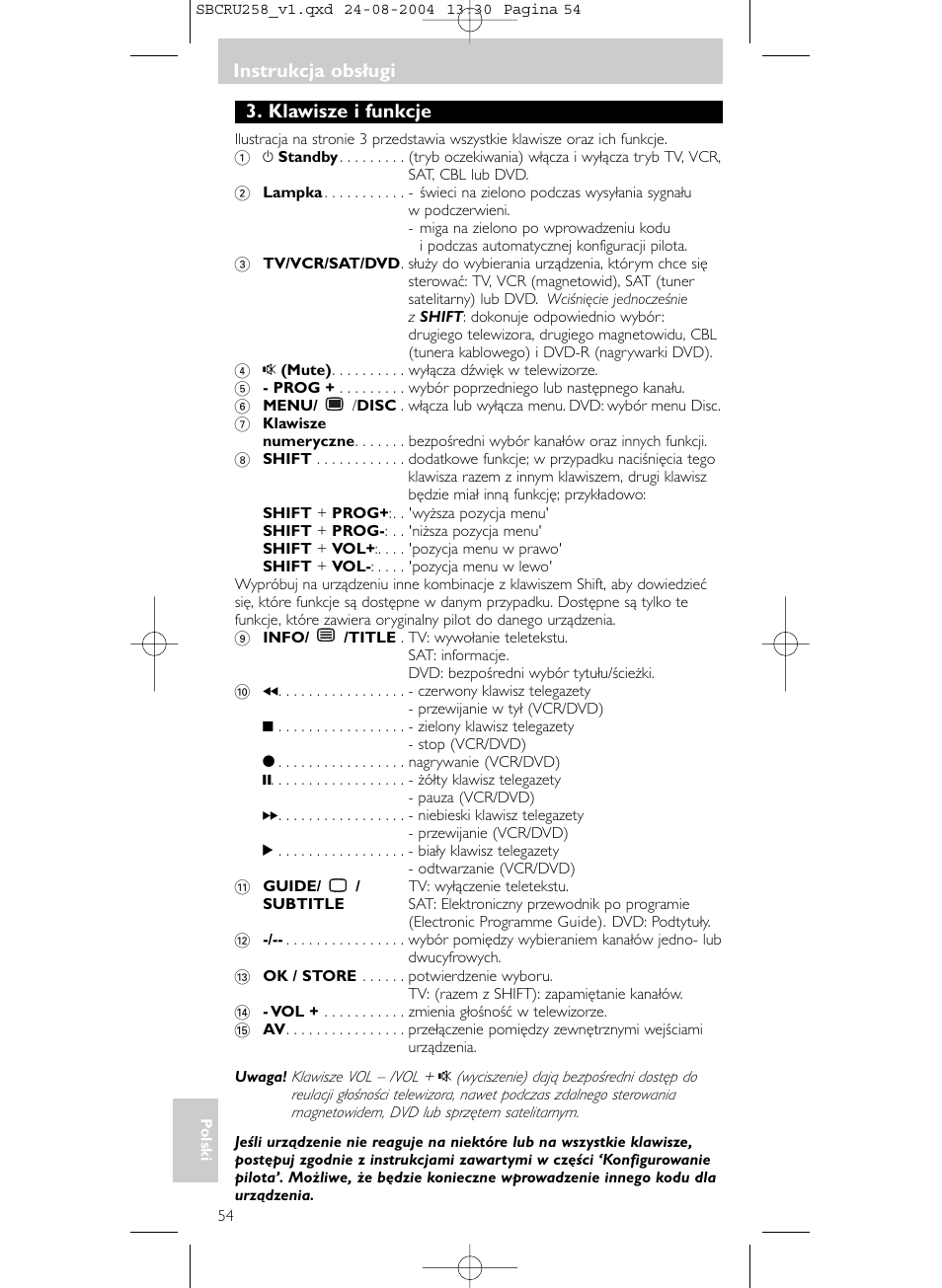 Instrukcja obsługi, Klawisze i funkcje | Philips Universal-Fernbedienung User Manual | Page 54 / 60