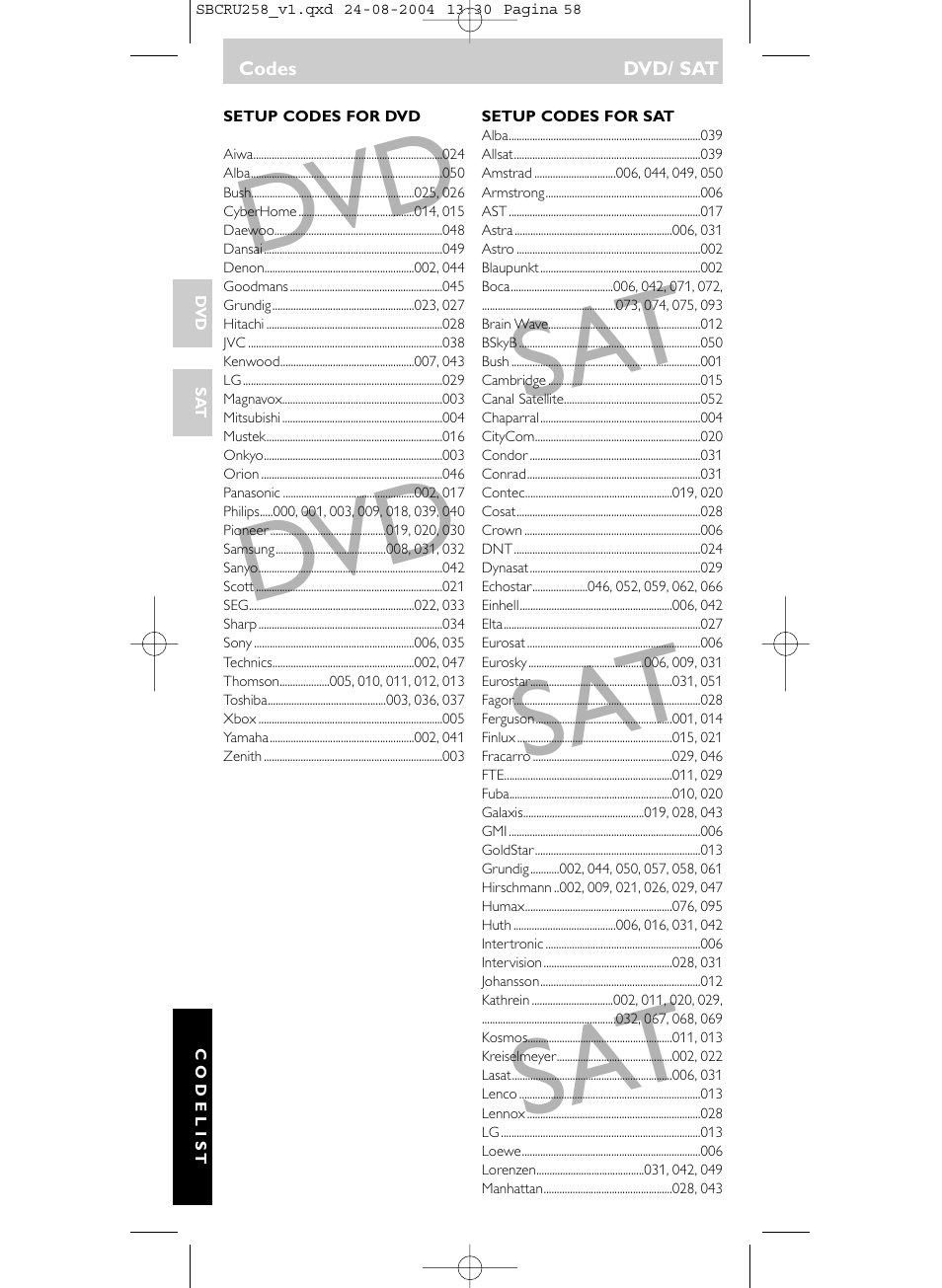 Sat dvd dvd | Philips Universal-Fernbedienung User Manual | Page 58 / 60