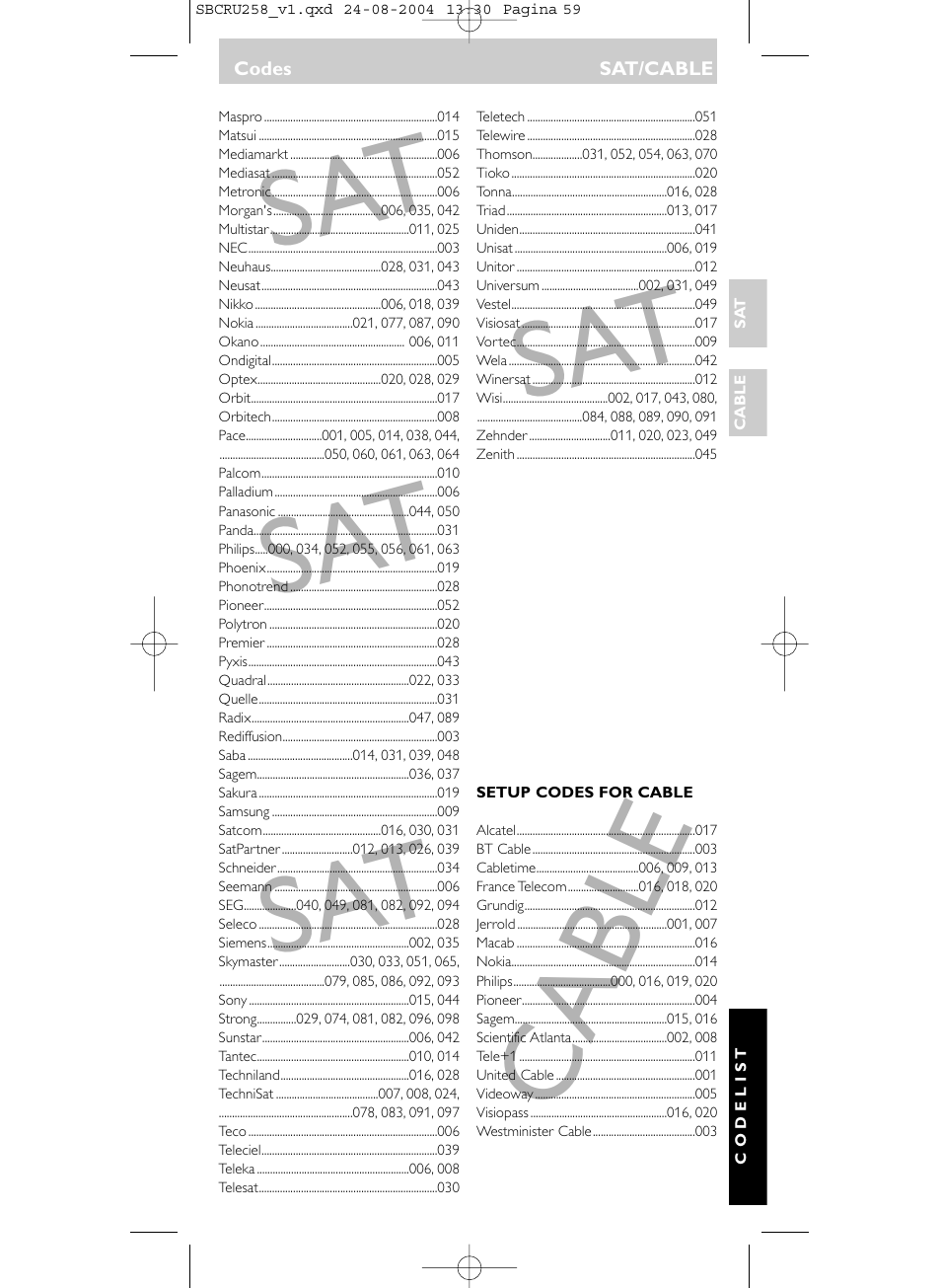 Cable sat sat sat sat | Philips Universal-Fernbedienung User Manual | Page 59 / 60