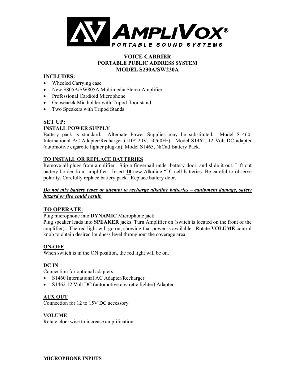 AmpliVox SW230A User Manual | 2 pages
