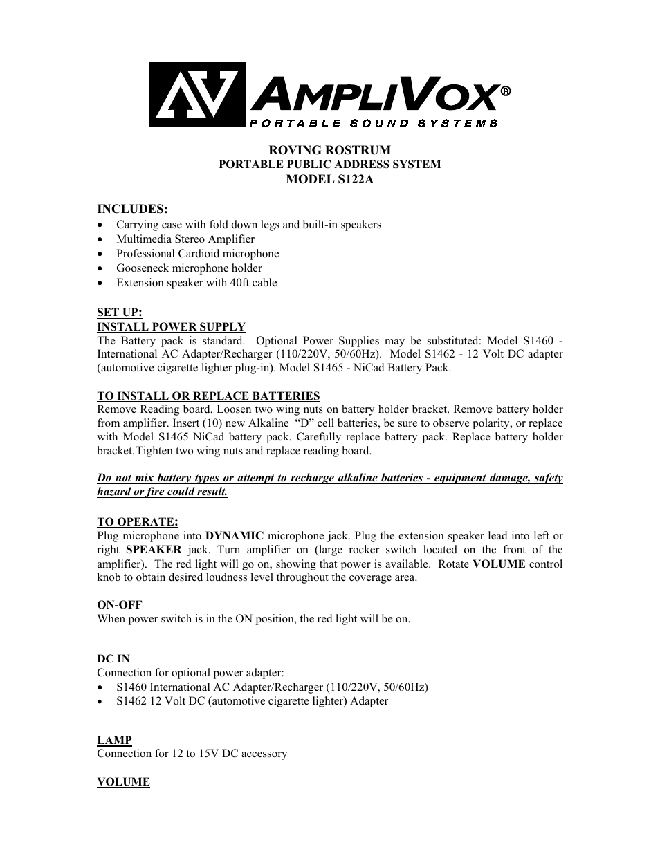 AmpliVox S122A User Manual | 2 pages