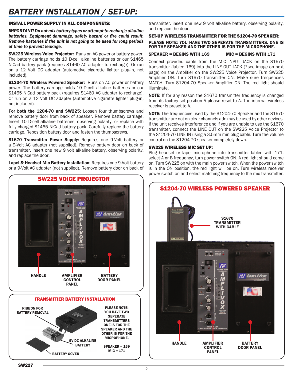 Battery installation / set-up | AmpliVox SW227 User Manual | Page 2 / 4