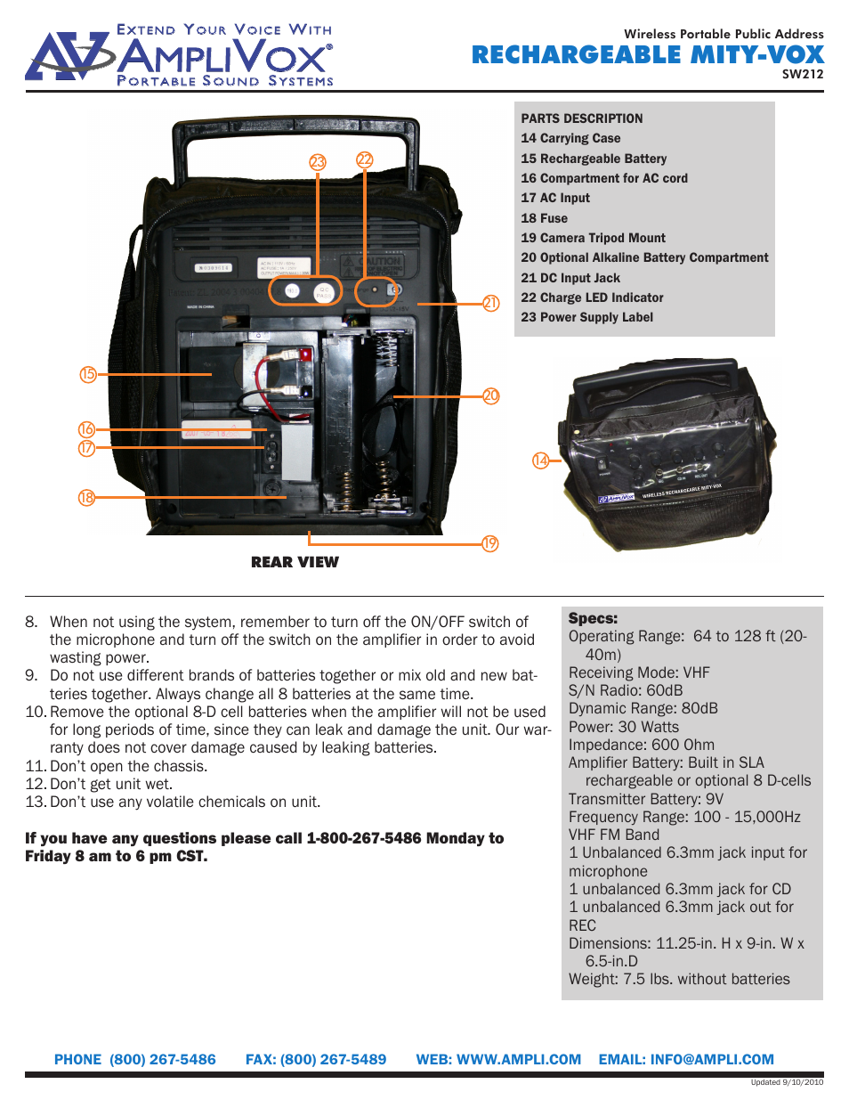 Rechargeable mity-vox | AmpliVox Rechargeable Mity-Vox SW212 User Manual | Page 2 / 2