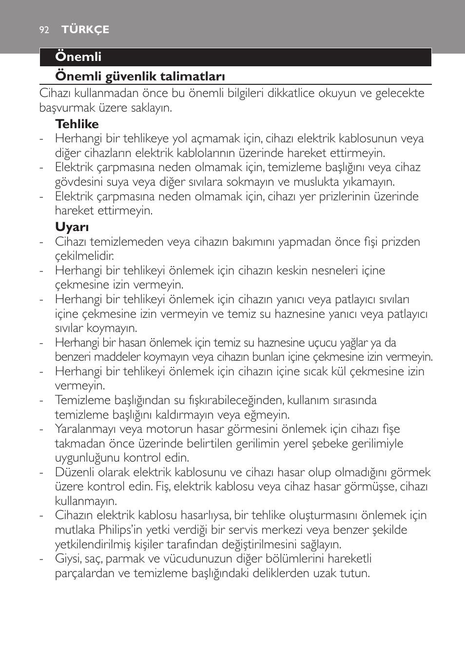 Türkçe, Türkçe 92 | Philips AquaTrio Pro User Manual | Page 92 / 104