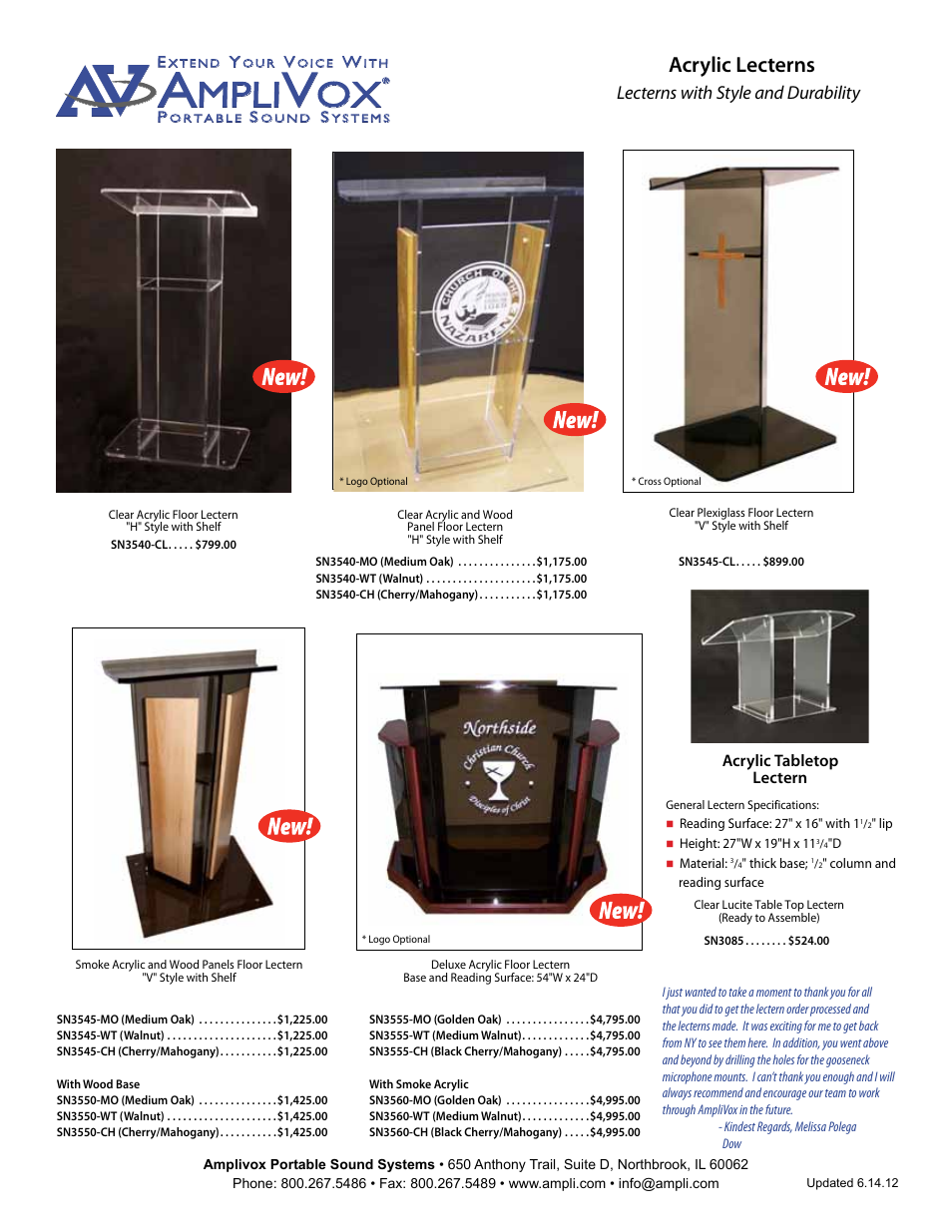 Acrylic lecterns, Lecterns with style and durability, Acrylic tabletop lectern | AmpliVox SN3050 User Manual | Page 2 / 2