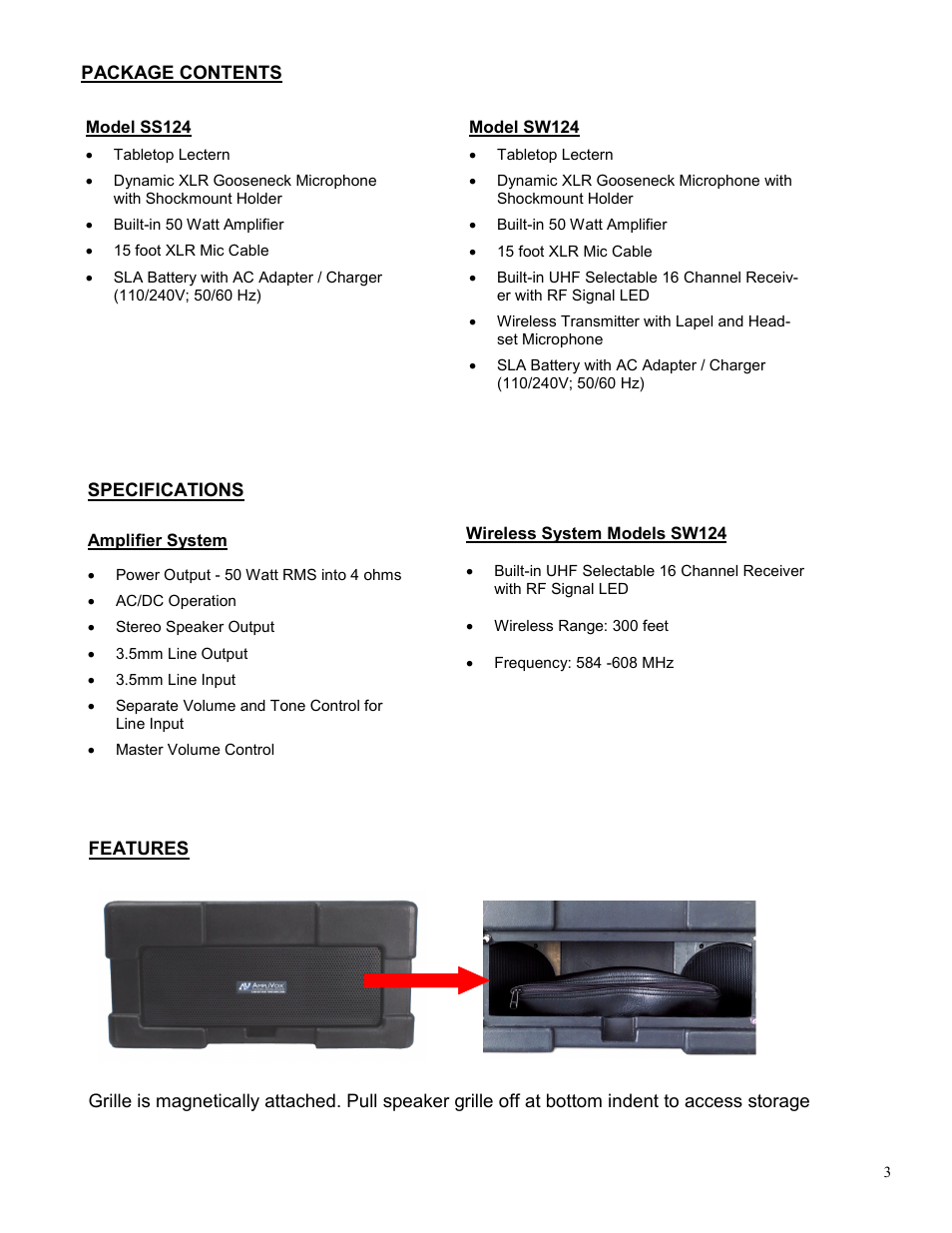 Package contents specifications, Model ss124, Model sw124 | Amplifier system, Wireless system models sw124 | AmpliVox SW124 User Manual | Page 3 / 7