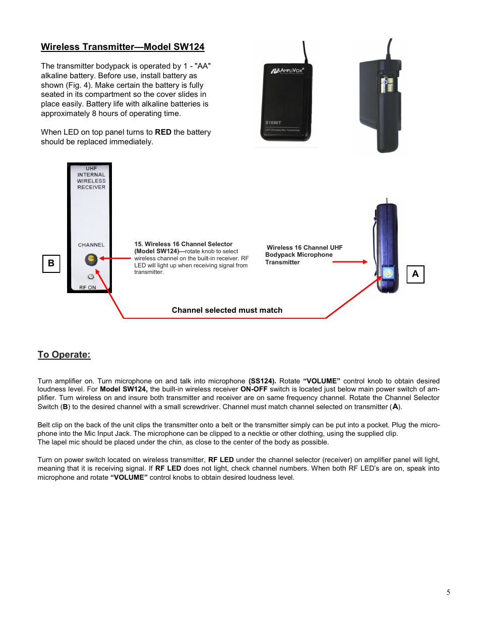 Wireless transmitter—model sw124 | AmpliVox SW124 User Manual | Page 5 / 7