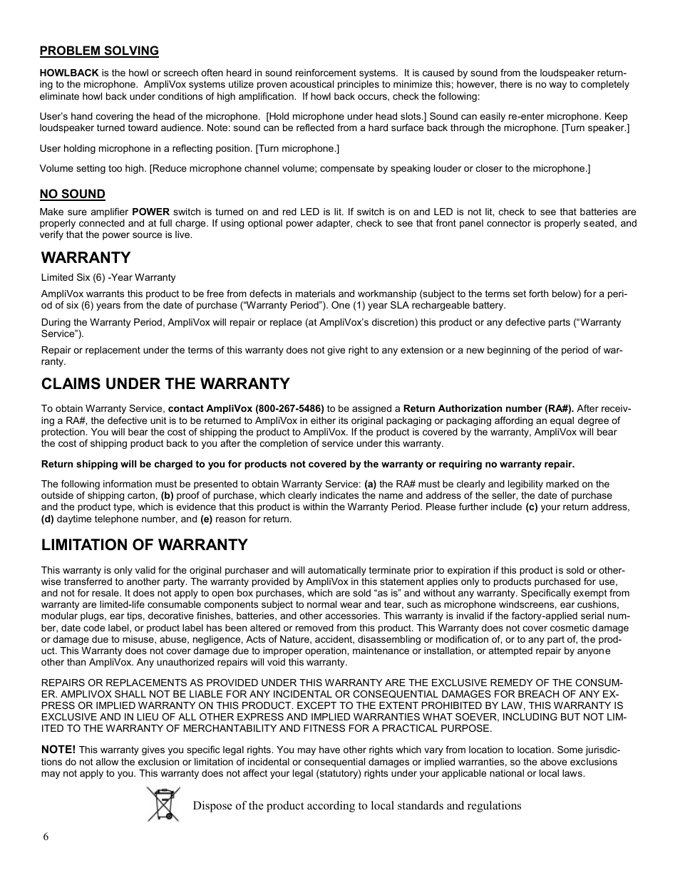 Warranty, Claims under the warranty, Limitation of warranty | Problem solving, No sound | AmpliVox SW124 User Manual | Page 6 / 7