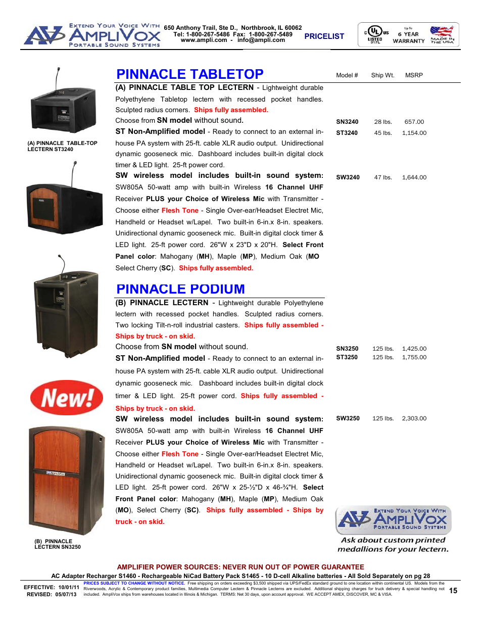 Pinnacle podium, Pinnacle tabletop | AmpliVox S805A User Manual | Page 15 / 36