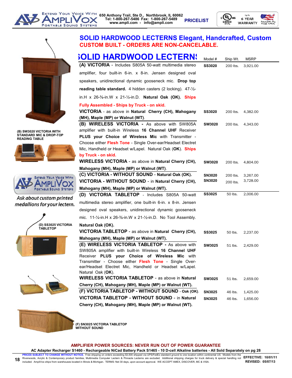 Solid hardwood lecterns, Custom built - orders are non-cancelable | AmpliVox S805A User Manual | Page 18 / 36