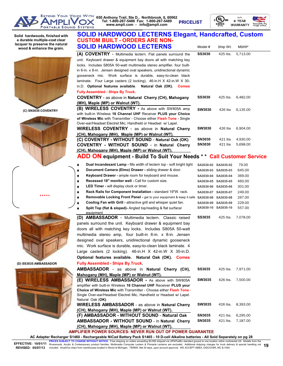 Add on, Solid hardwood lecterns, Custom built - orders are non | Customize, Coventry / ambassador | AmpliVox S805A User Manual | Page 19 / 36