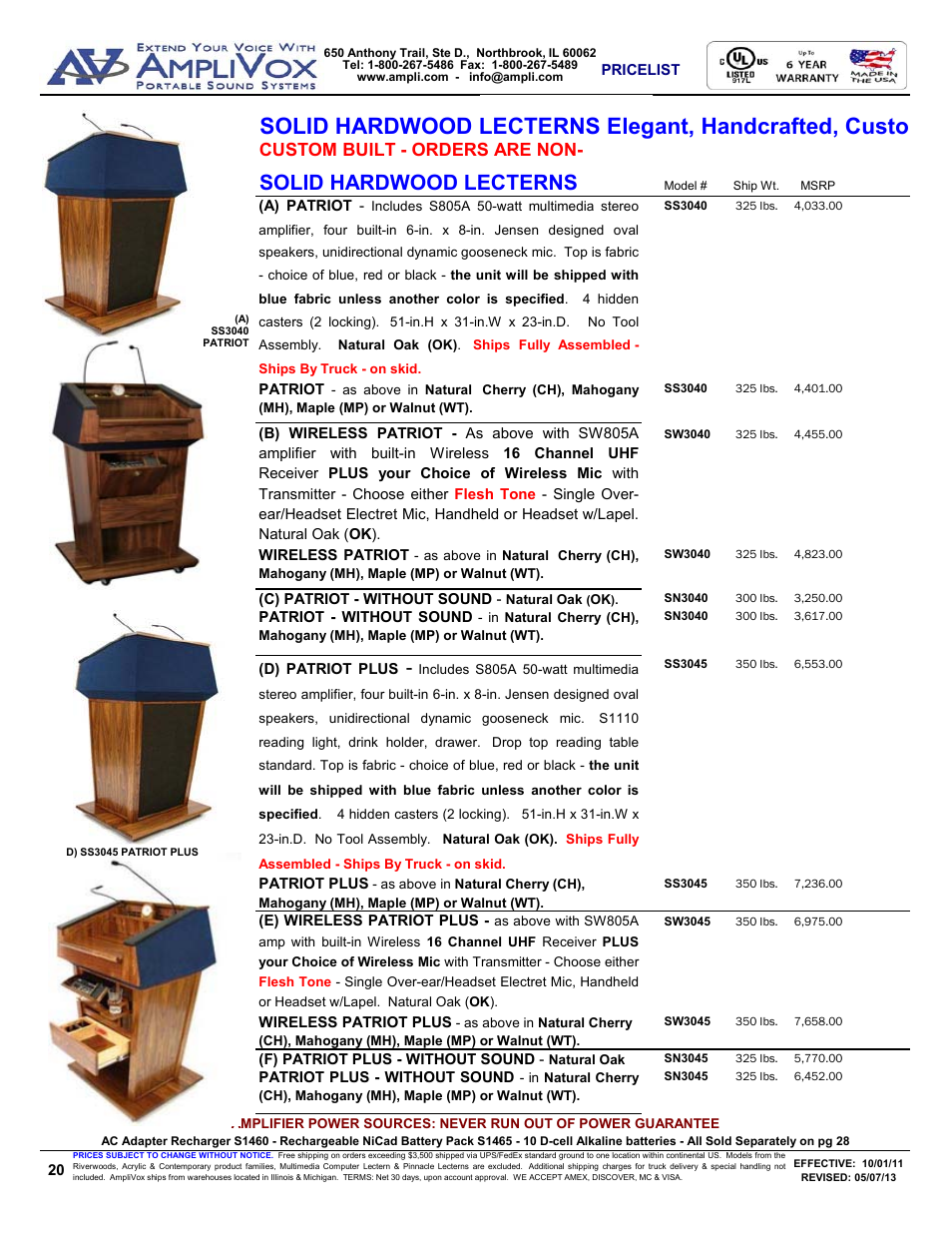 Solid hardwood lecterns, Custom built - orders are non | AmpliVox S805A User Manual | Page 20 / 36