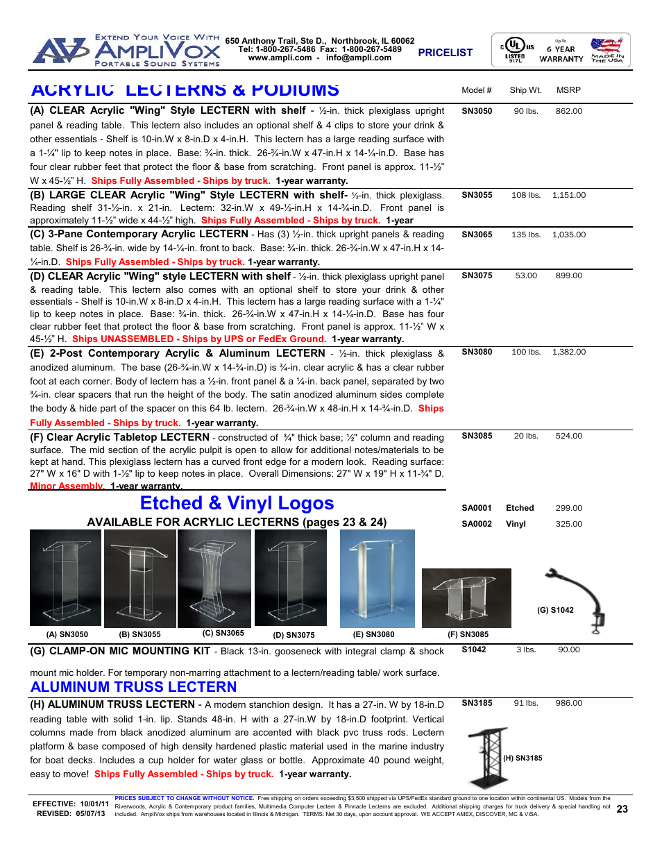 Acrylic lecterns & podiums, Etched & vinyl logos, Aluminum truss lectern | AmpliVox S805A User Manual | Page 23 / 36