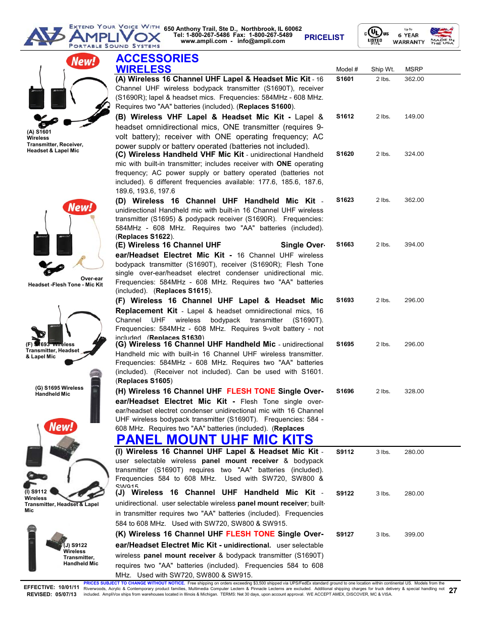 Panel mount uhf mic kits, Accessories, Wireless | AmpliVox S805A User Manual | Page 27 / 36