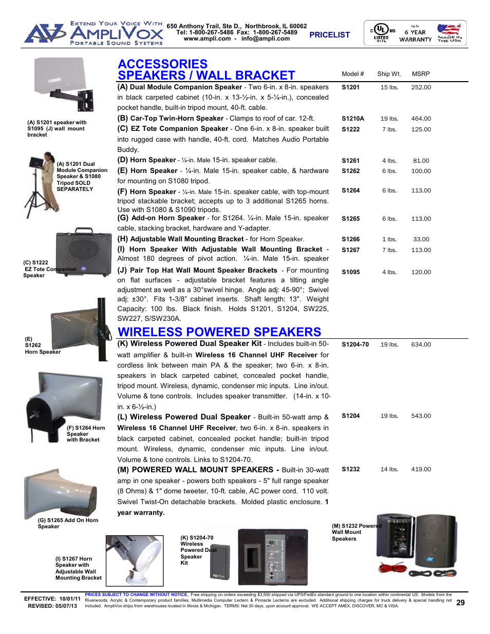 Accessories, Speakers / wall bracket, Wireless powered speakers | AmpliVox S805A User Manual | Page 29 / 36