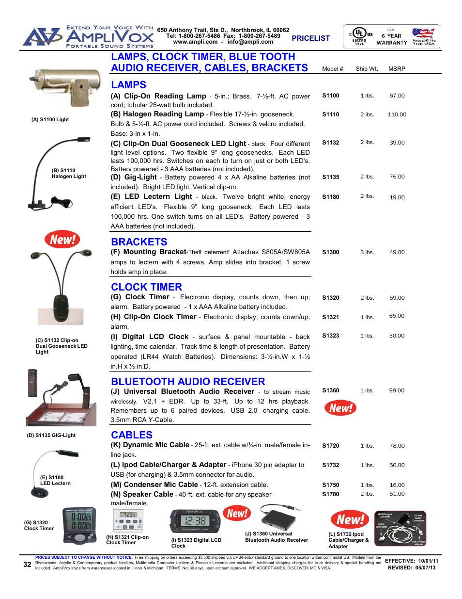 Lamps, clock timer, blue tooth lamps, Clock timer brackets, Cables | AmpliVox S805A User Manual | Page 32 / 36