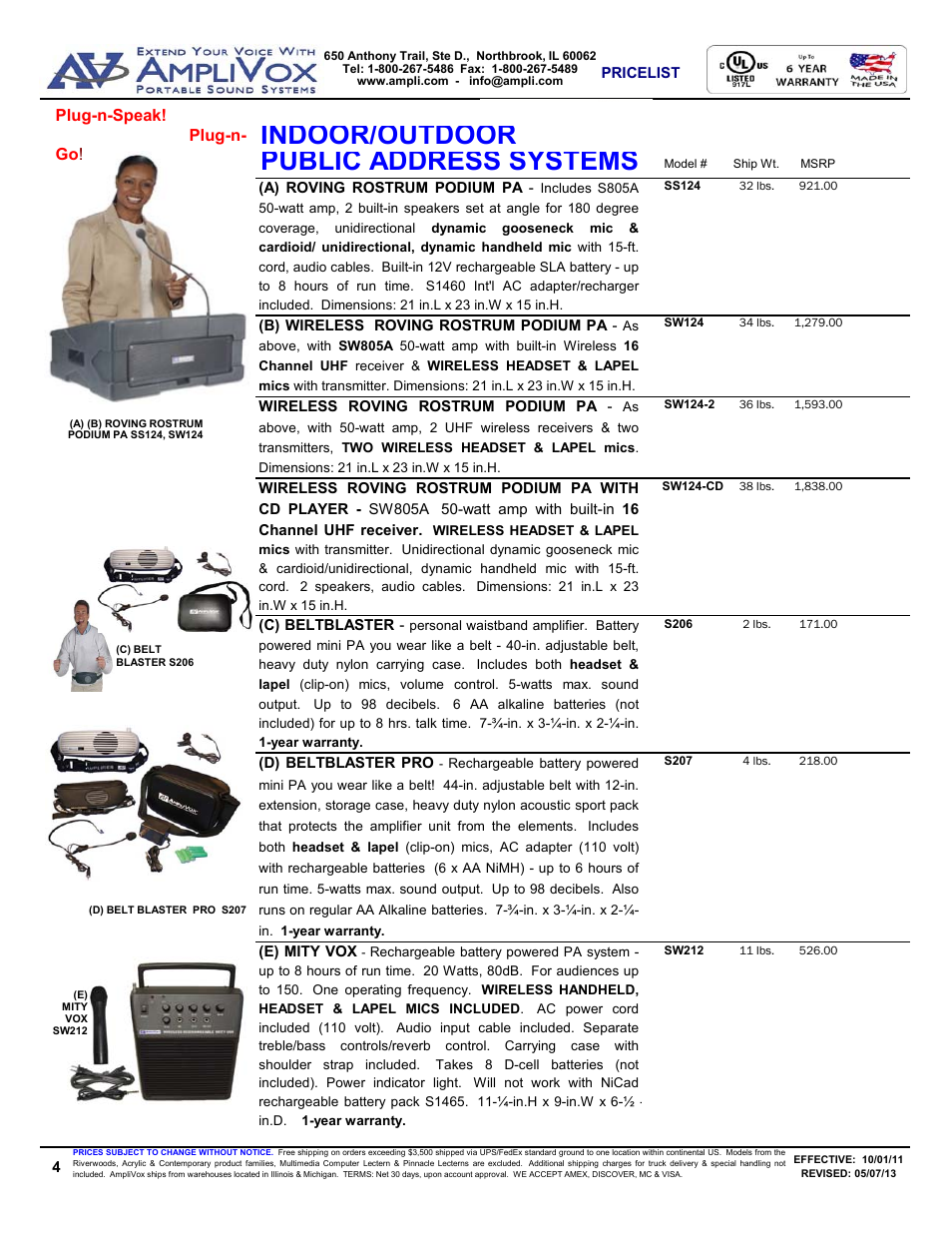 Indoor/outdoor, Public address systems | AmpliVox S805A User Manual | Page 4 / 36