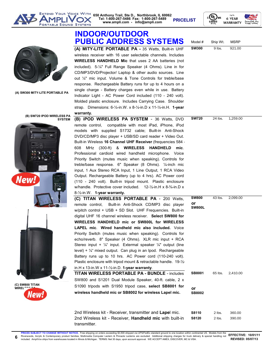 Public address systems indoor/outdoor, Add on options, Titan optional 2nd wireless mic kits | AmpliVox S805A User Manual | Page 6 / 36