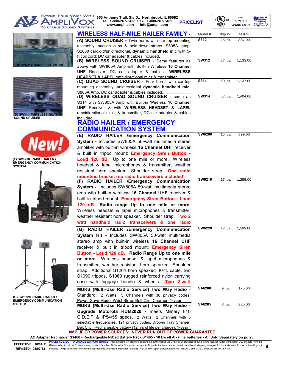 Communication system, Radio hailer / emergency, Wireless half-mile hailer family | AmpliVox S805A User Manual | Page 9 / 36