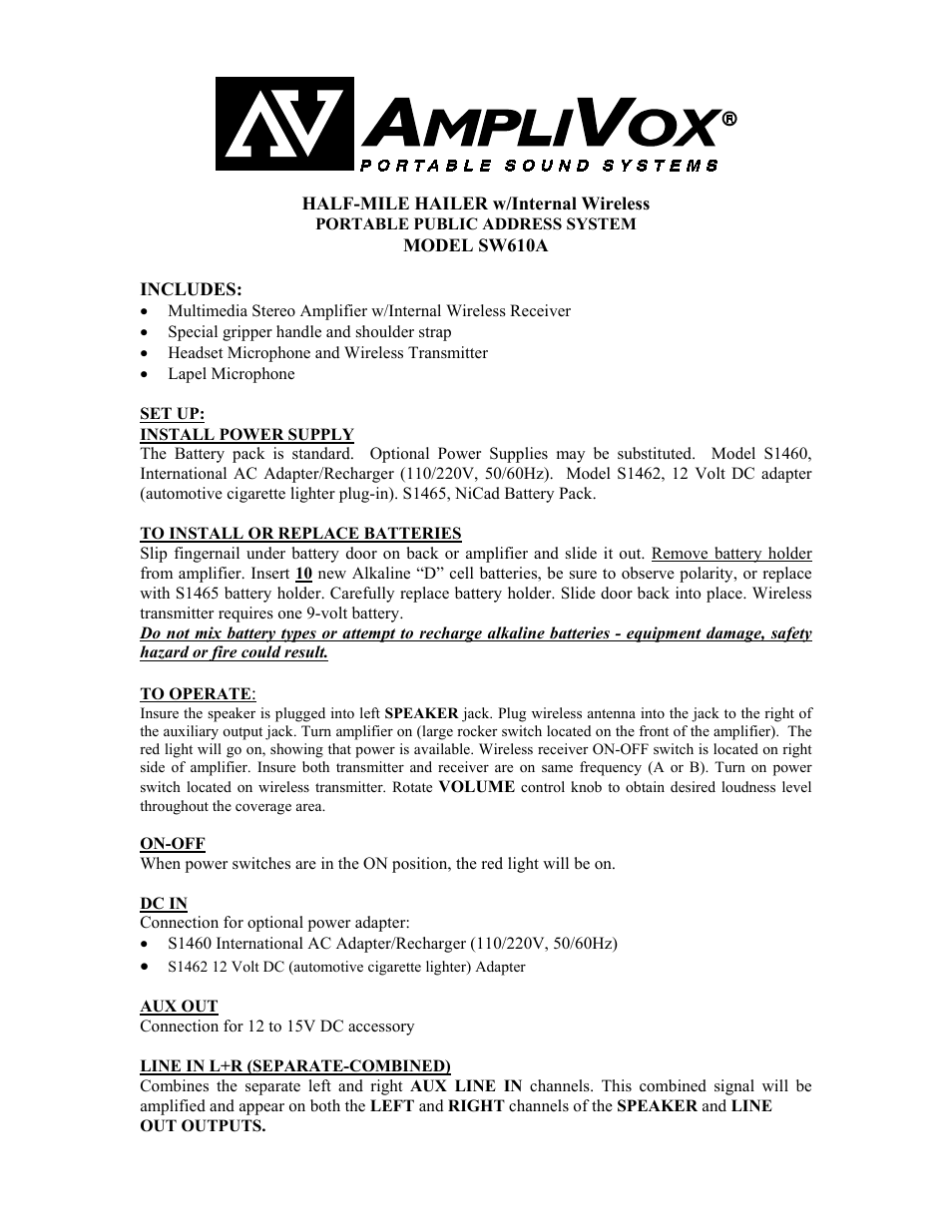 AmpliVox HALF-MILE HAILER W/INTERNAL WIRELESS PORTABLE PUBLIC ADDRESS SYSTEM SW610A User Manual | 2 pages