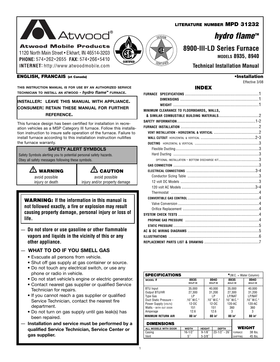 Atwood Mobile Products HYDRO FLAME 8940 User Manual | 7 pages
