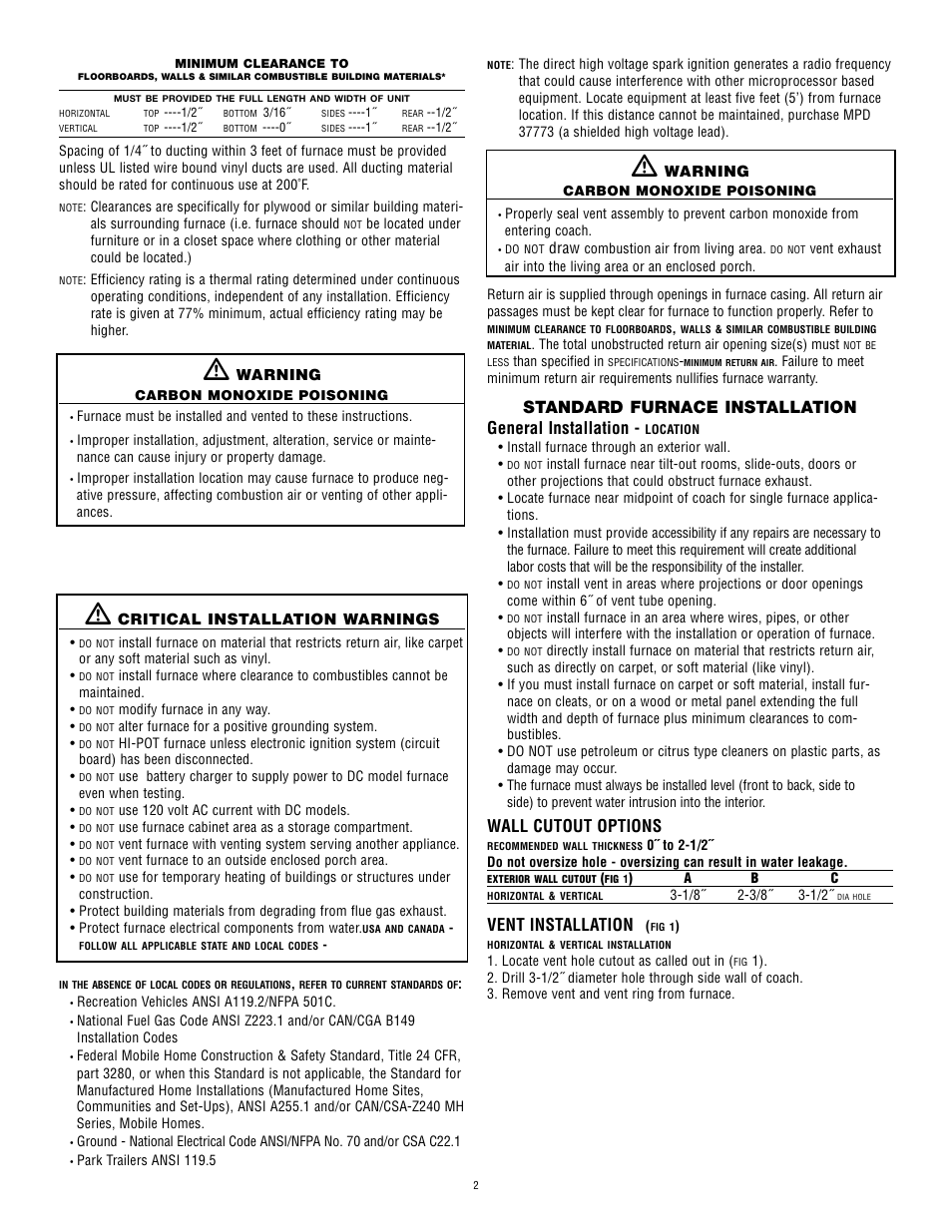 Standard furnace installation general installation, Wall cutout options, Vent installation | Atwood Mobile Products HYDRO FLAME 8940 User Manual | Page 2 / 7