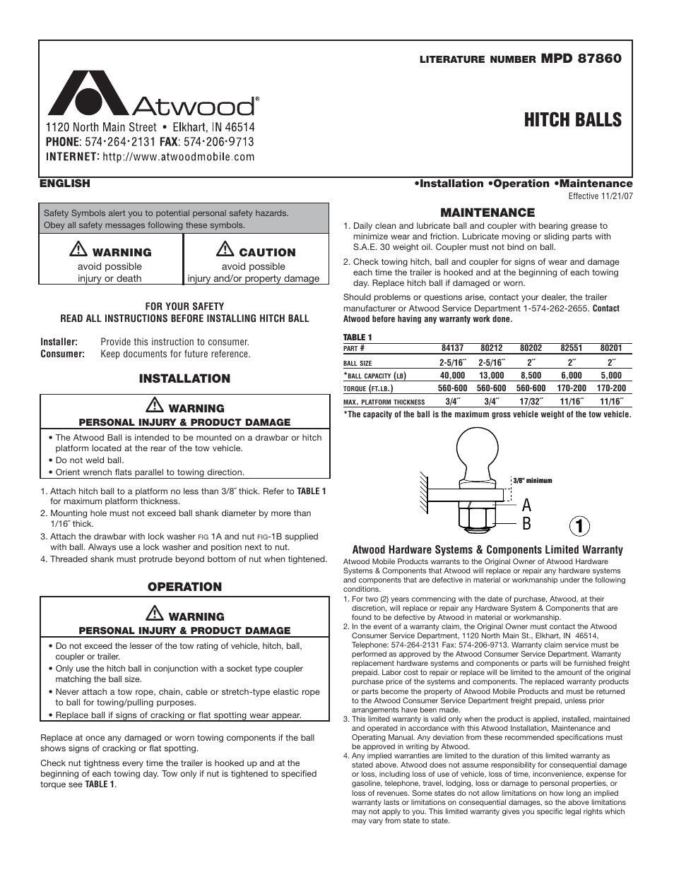 Atwood Mobile Products MPD 87860 User Manual | 1 page