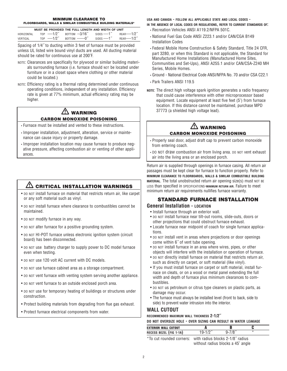 Standard furnace installation general installation, Wall cutout | Atwood Mobile Products Model 8940 User Manual | Page 2 / 7