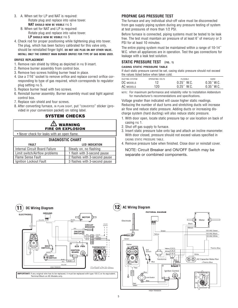 System checks, Warning, Diagnostic chart | Propane gas pressure test, Static pressure test, Remove rain shield by tilting as depicted in, Never check for leaks with an open flame, Dc wiring diagram ac wiring diagram, Fire or explosion | Atwood Mobile Products Model 8940 User Manual | Page 5 / 7