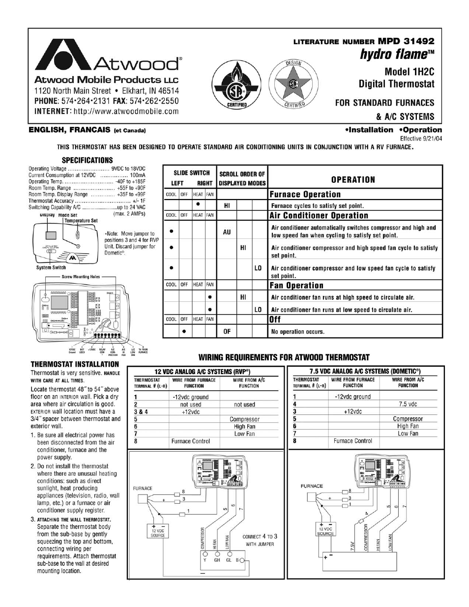 Atwood Mobile Products 1H2C User Manual | 1 page