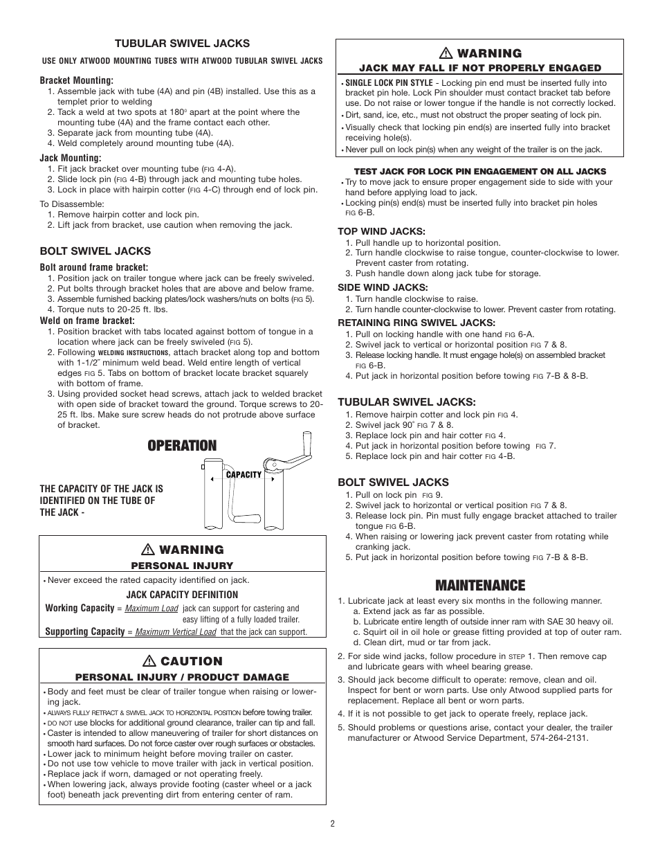 Operation, Maintenance, Warning | Caution | Atwood Mobile Products MPD 87850 User Manual | Page 2 / 4