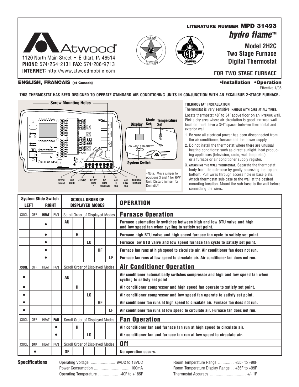 Atwood Mobile Products HYDRO FLAME 2H2C User Manual | 1 page