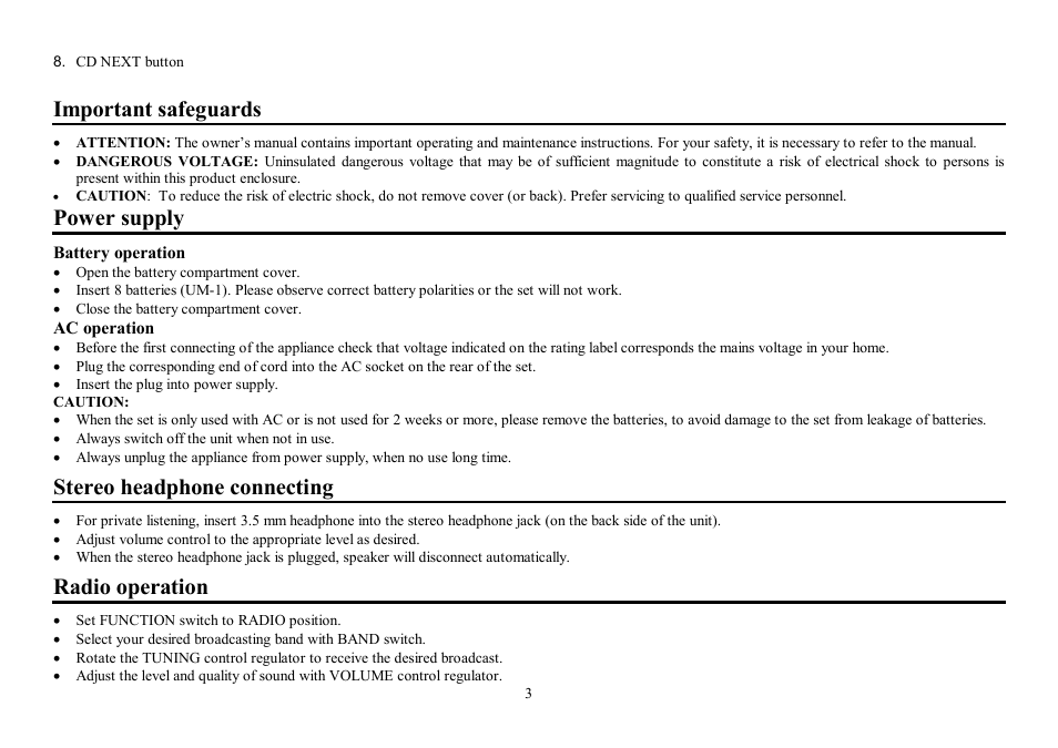 Important safeguards, Power supply, Stereo headphone connecting | Radio operation | Hyundai H-1406 User Manual | Page 3 / 13