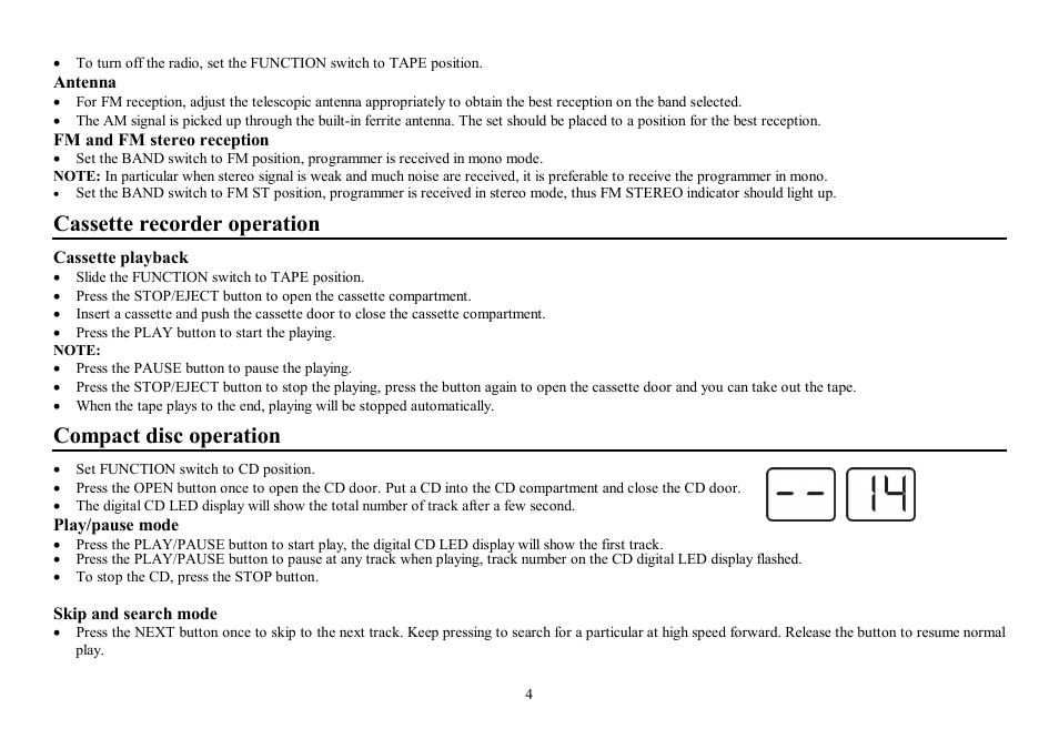 Cassette recorder operation, Compact disc operation | Hyundai H-1406 User Manual | Page 4 / 13