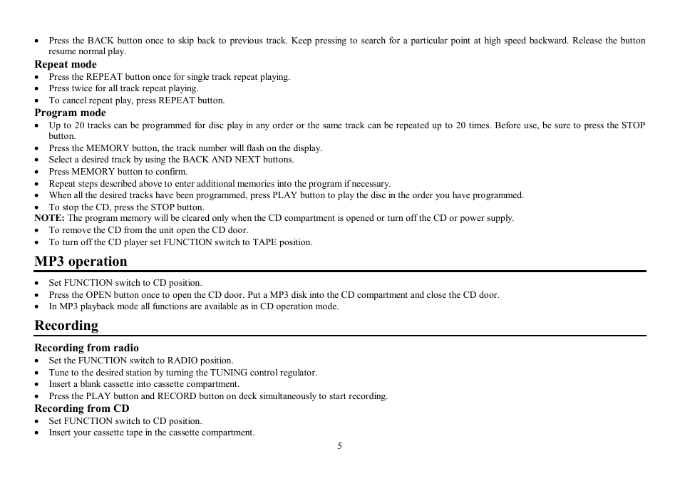 Mp3 operation, Recording | Hyundai H-1406 User Manual | Page 5 / 13