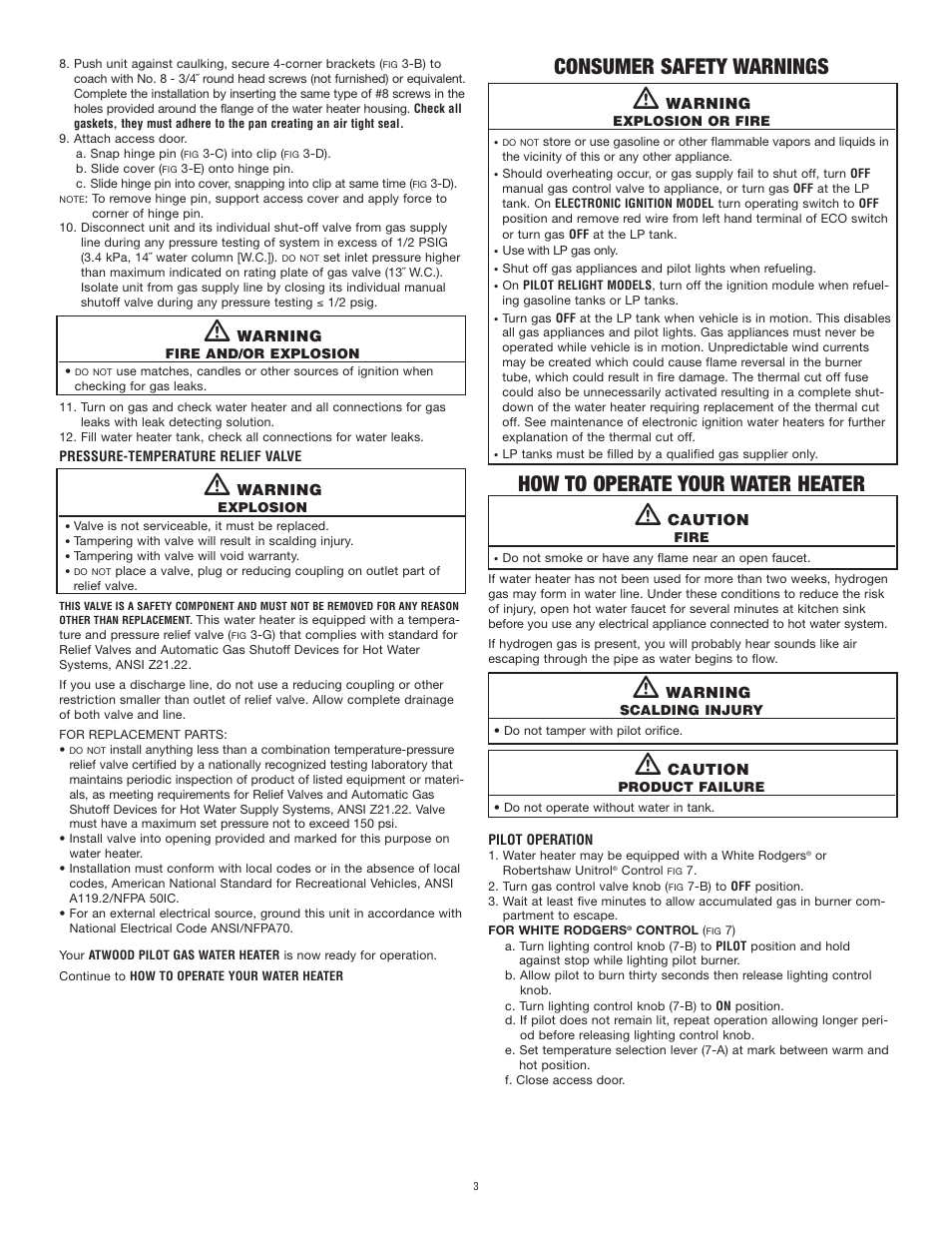 Consumer safety warnings, How to operate your water heater | Atwood Mobile Products 4-E User Manual | Page 3 / 9