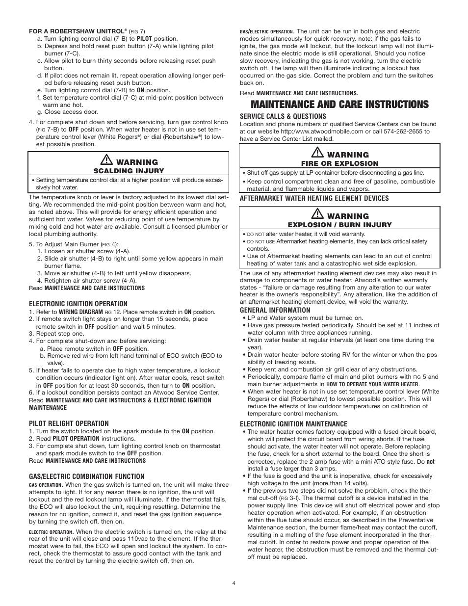 Maintenance and care instructions | Atwood Mobile Products 4-E User Manual | Page 4 / 9