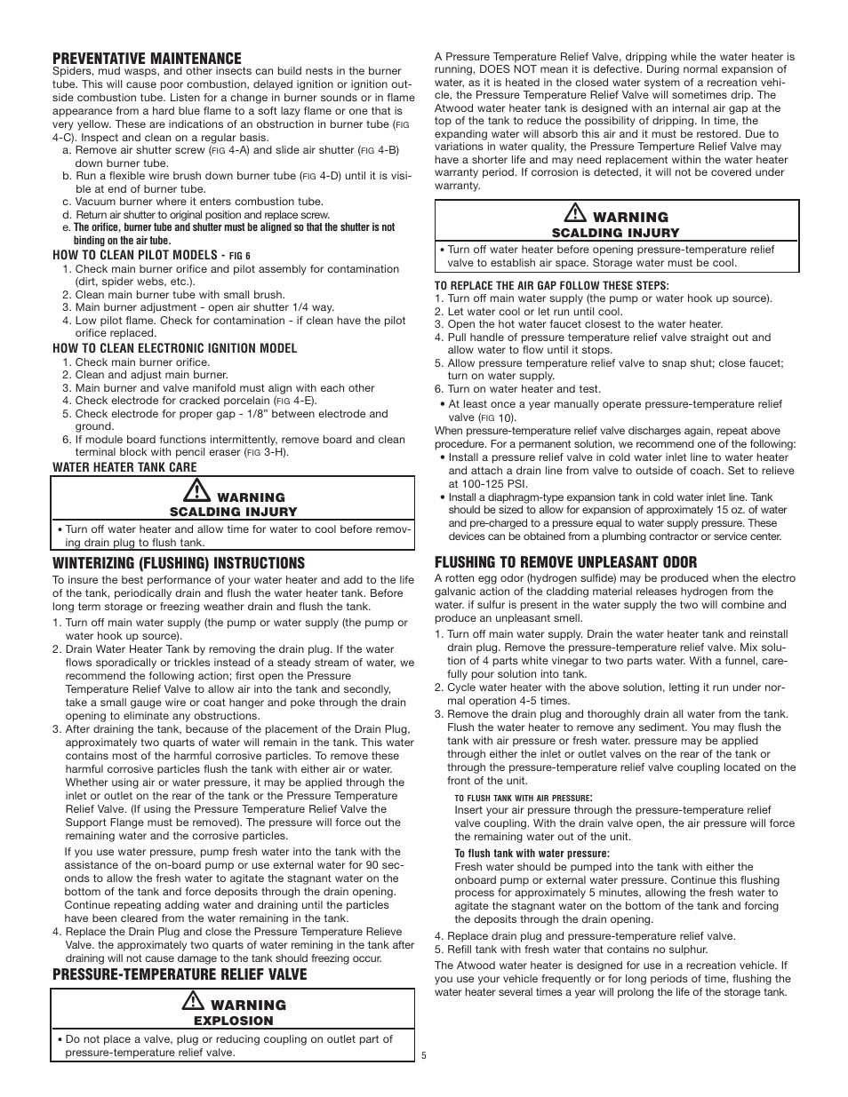 Preventative maintenance, Winterizing (flushing) instructions, Pressure-temperature relief valve | Flushing to remove unpleasant odor | Atwood Mobile Products 4-E User Manual | Page 5 / 9